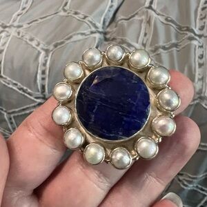 Sterling silver faceted sapphire quartz and pearl cluster ring